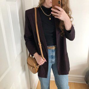 Vintage Parisian Long Oversized Pink & Black Tweed Knit Open Blazer Jacket Coat